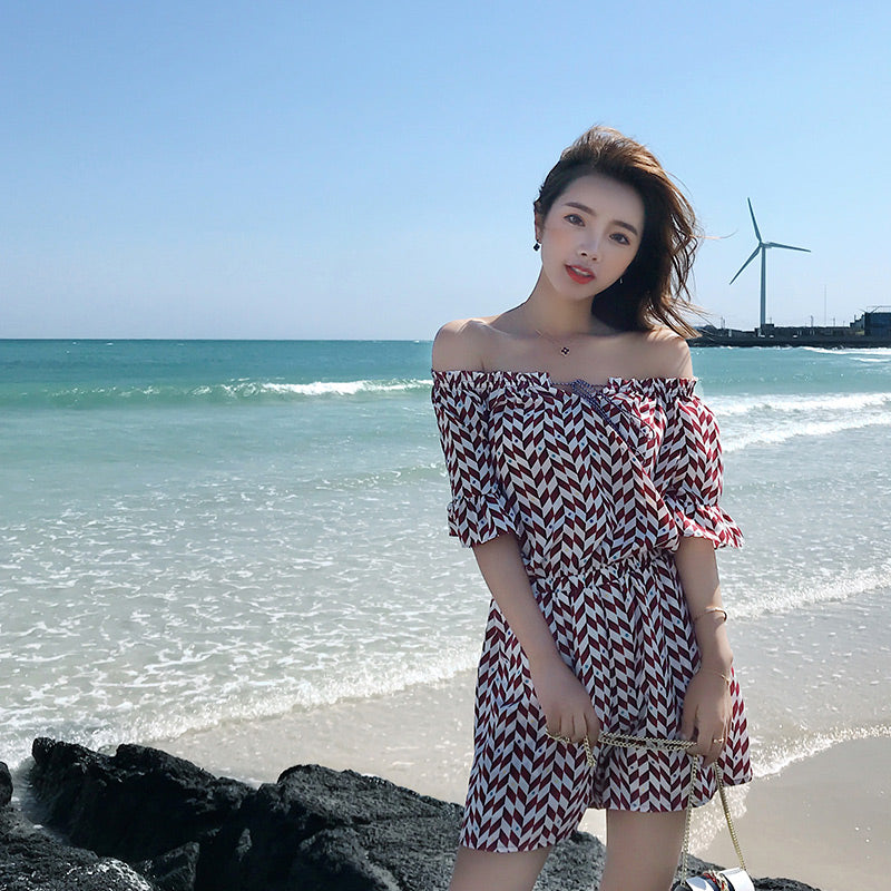 雪纺条纹一字领连体裤