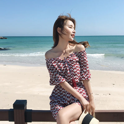 雪纺条纹一字领连体裤