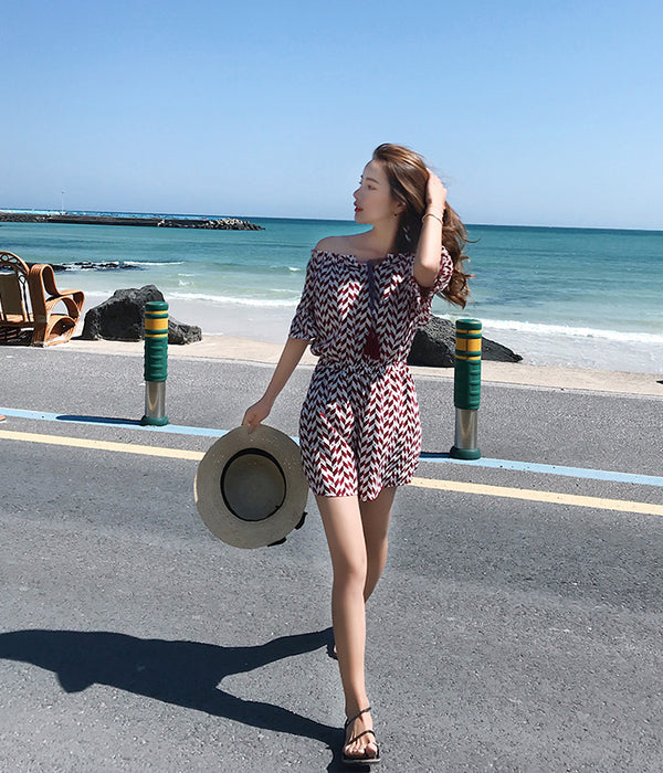 雪纺条纹一字领连体裤