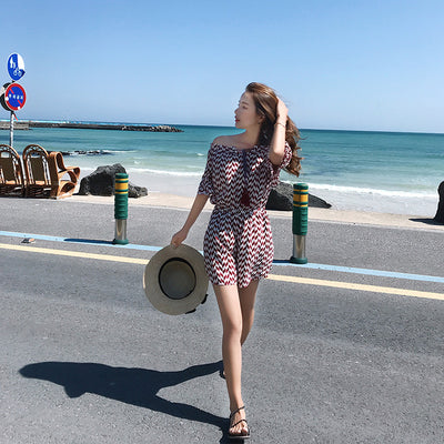 雪纺条纹一字领连体裤