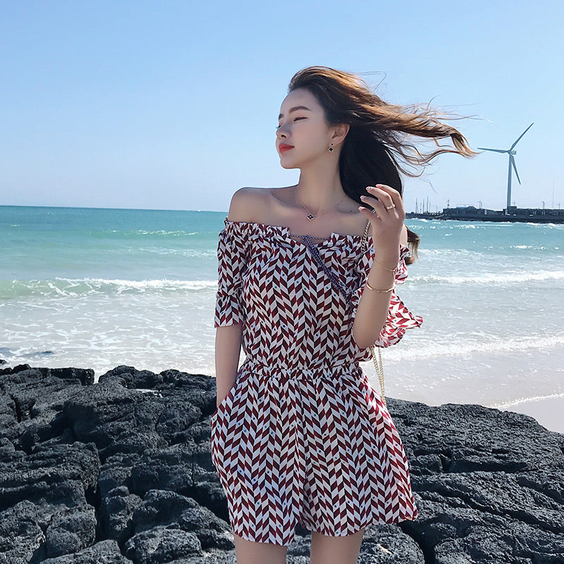 雪纺条纹一字领连体裤